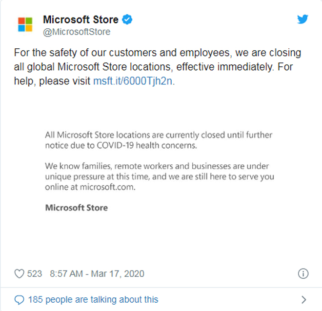 Microsoft tuyên bố đóng cửa trên toàn cầu tiếp sau Apple do virus Covid-19